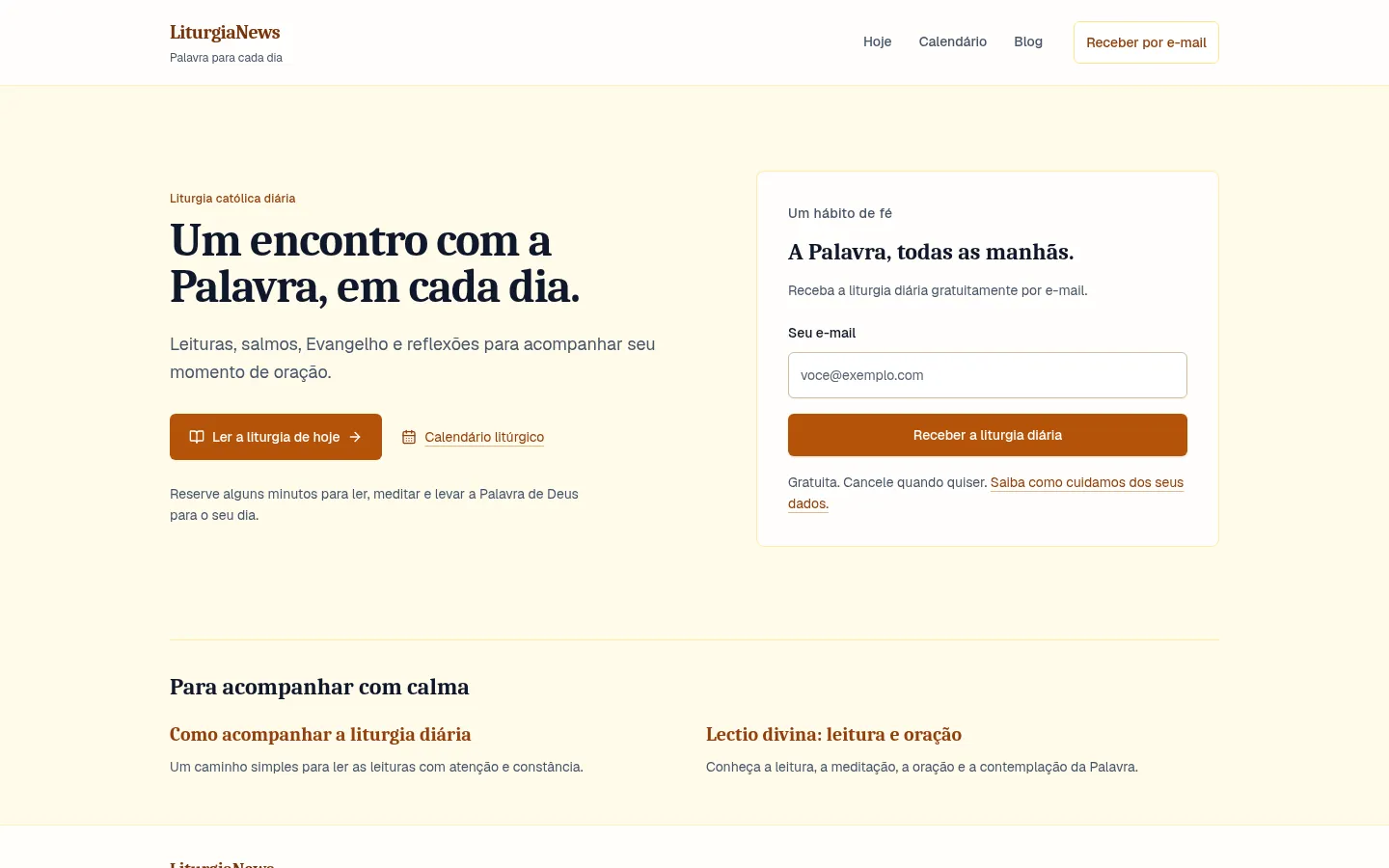 Página inicial do portal LiturgiaNews com leituras diárias e newsletter