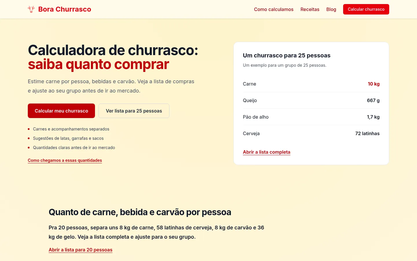 Interface web e aplicativo Android da calculadora Bora Churrasco