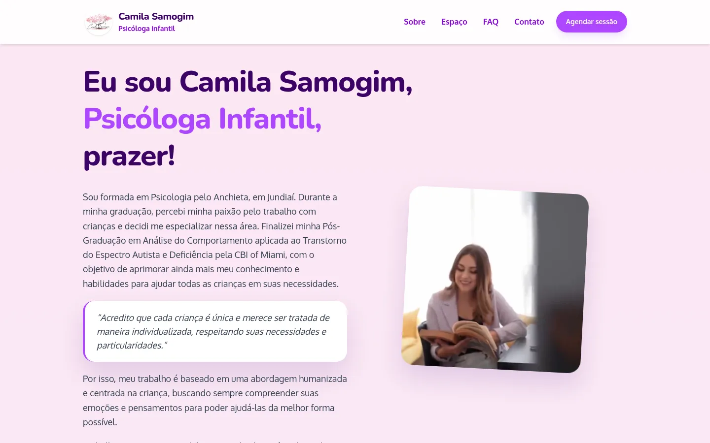 Página inicial do site da psicóloga infantil Camila Samogim