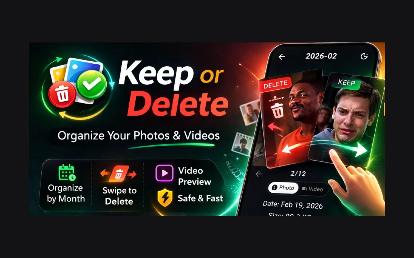 Banner de apresentação do aplicativo Keep or Delete: Photo Cleaner